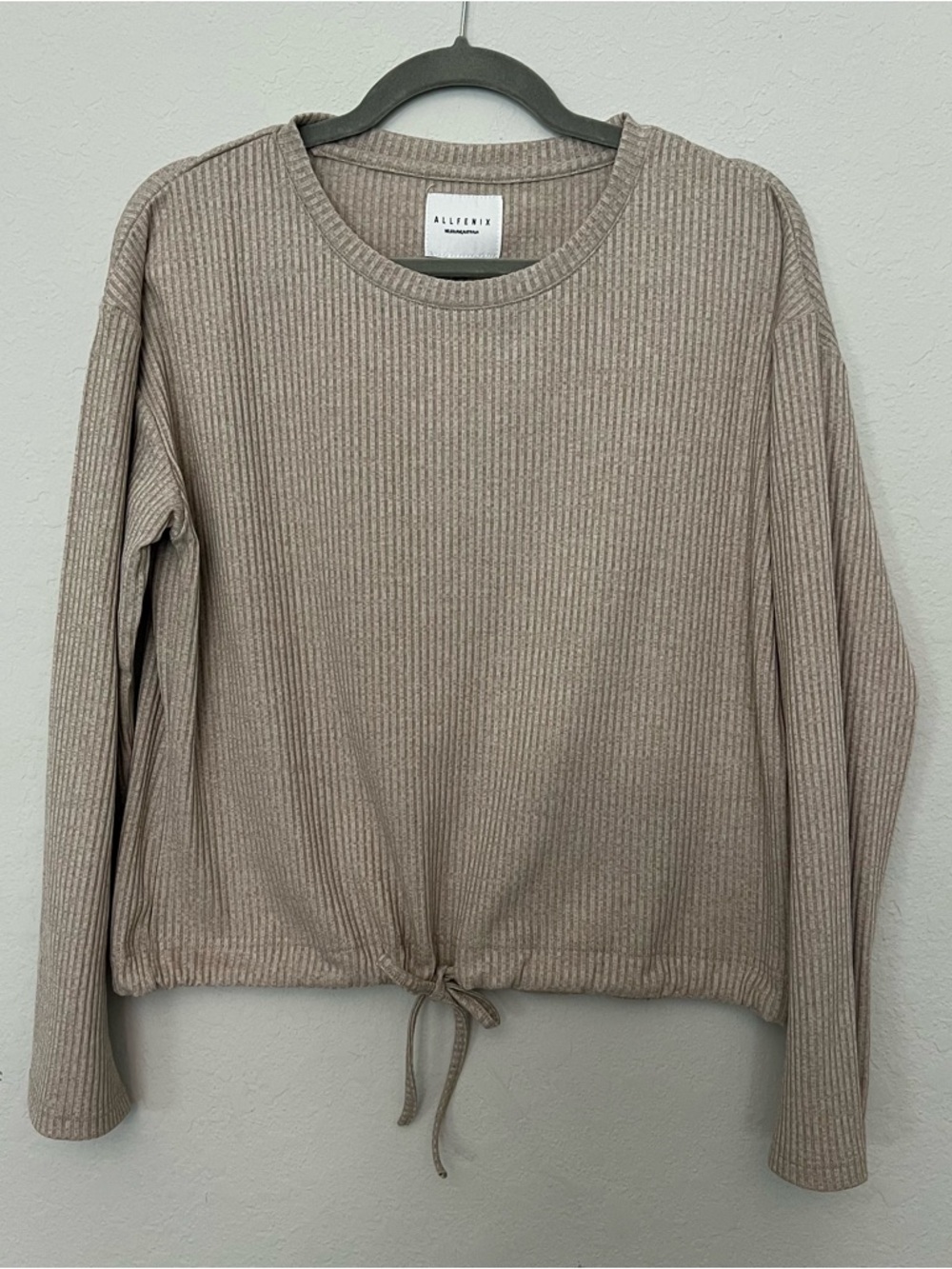 All Fenix Ribbed Drawstring Hem Long Sleeve Top - Taupe Beige